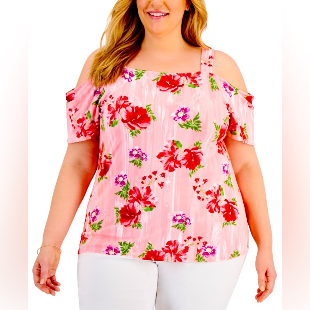 JM Collection Floral Hibiscus Plus Size Printed Cold-Shoulder Top